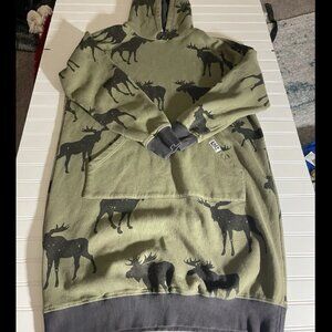 Lazy One Long(mid calf) Fleece Sleep Hoodie Green Moose Sz S-M Cotton Blend